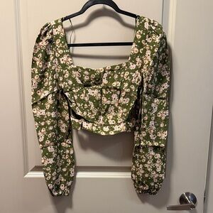 Women’s Olive Green Floral Square-Neck Long Sleeve Top - Elodie